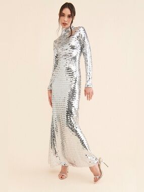 New Simon Miller Anthropologie Silver Sequin Sculpty Dress Maxi Gown sz 6
